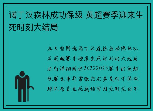 诺丁汉森林成功保级 英超赛季迎来生死时刻大结局 诺丁汉森林成功保级 英超赛季迎来生死时刻大结局