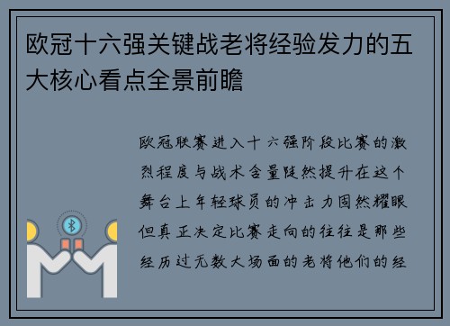 欧冠十六强关键战老将经验发力的五大核心看点全景前瞻 欧冠十六强关键战老将经验发力的五大核心看点全景前瞻